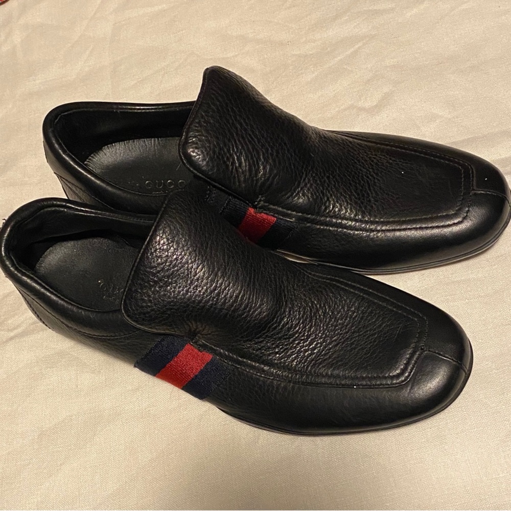 Gucci Black Leather Slip-Ons with Red and Blue Accents